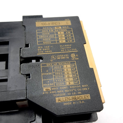 Used Allen Bradley 100-A18ND3 Contactor, 3-Pole With N/O Aux, Coil: 110/120VAC