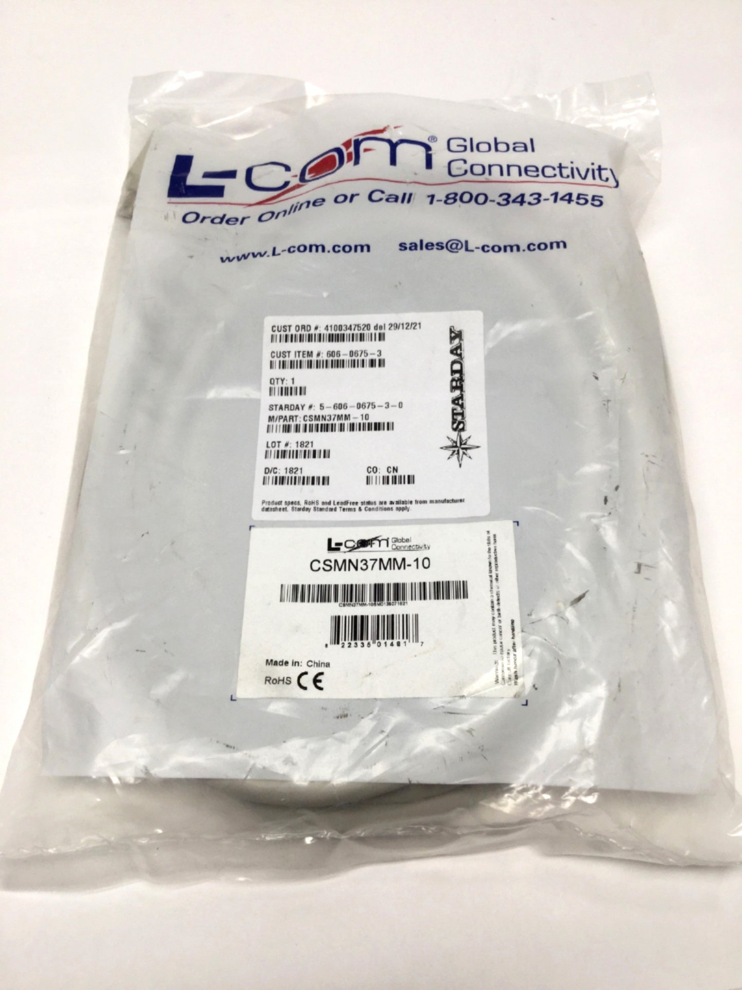 Open box L-Com CSMN37MM-10 Molded D-Sub Cable, 37-Pin DB37 Male-to-Male, 10ft Long