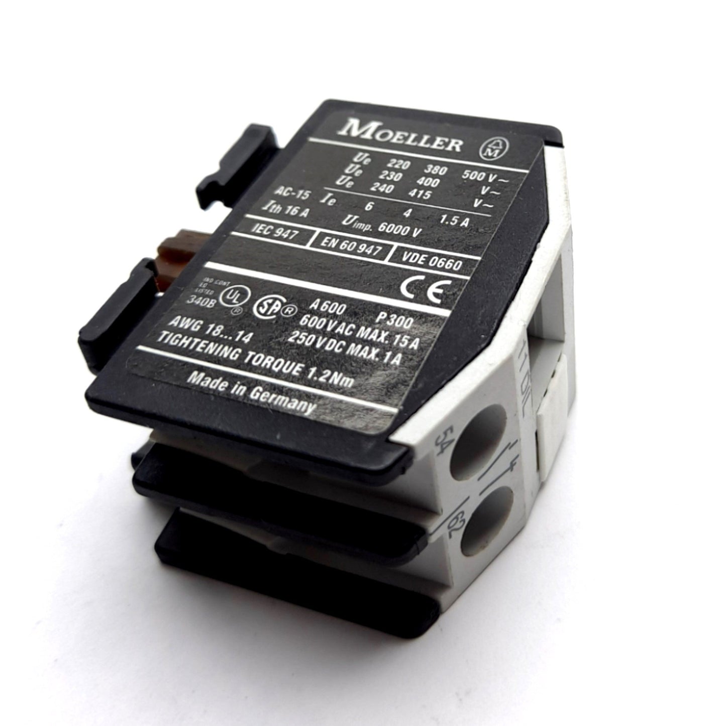Used Moeller 11DIL Auxiliary Contact Block, 2-Pole 1x N/O 1x N/C, Contact: 600VAC 15A