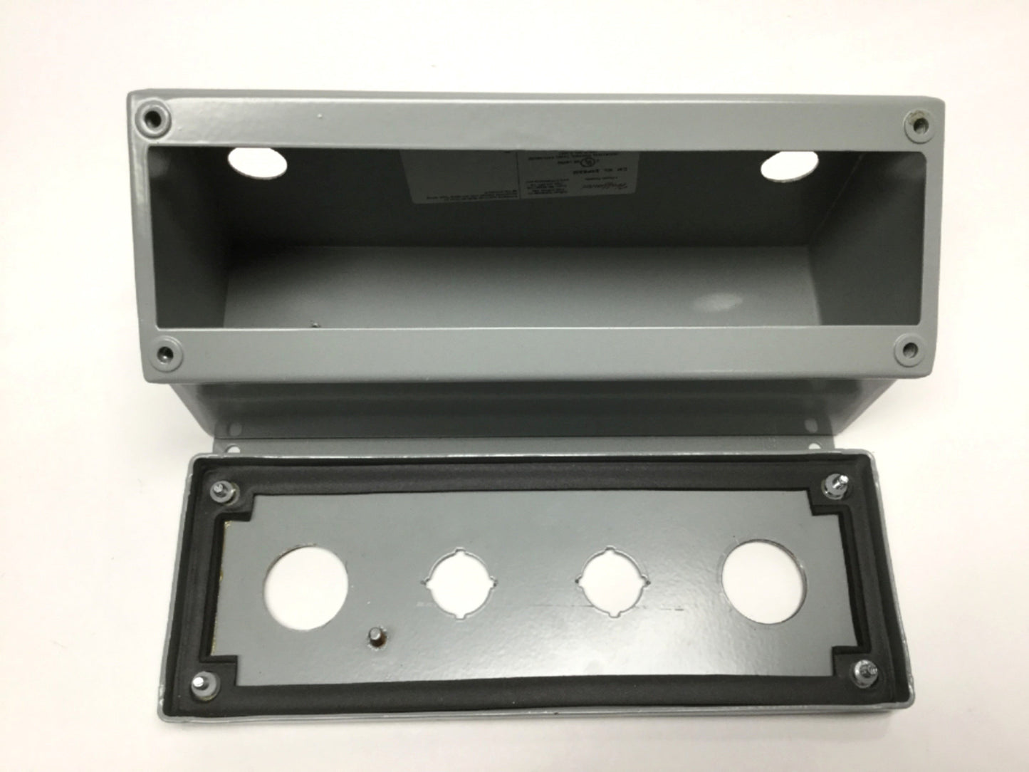Used Hoffman E4PBAM Sloped Pushbutton Enclosure Box 4-Hole, Steel, Gray *Modified*