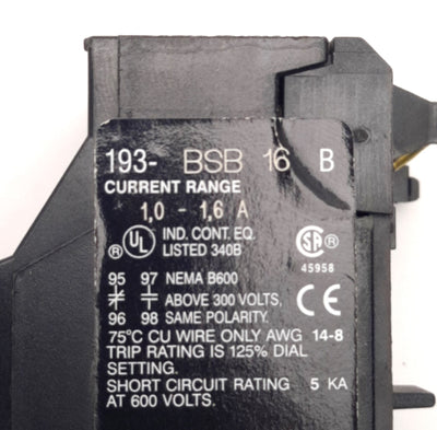 Used Allen-Bradley 193-BSB 16 B Overload Relay, 1-1.6Amp Range, 600V, 6A Max