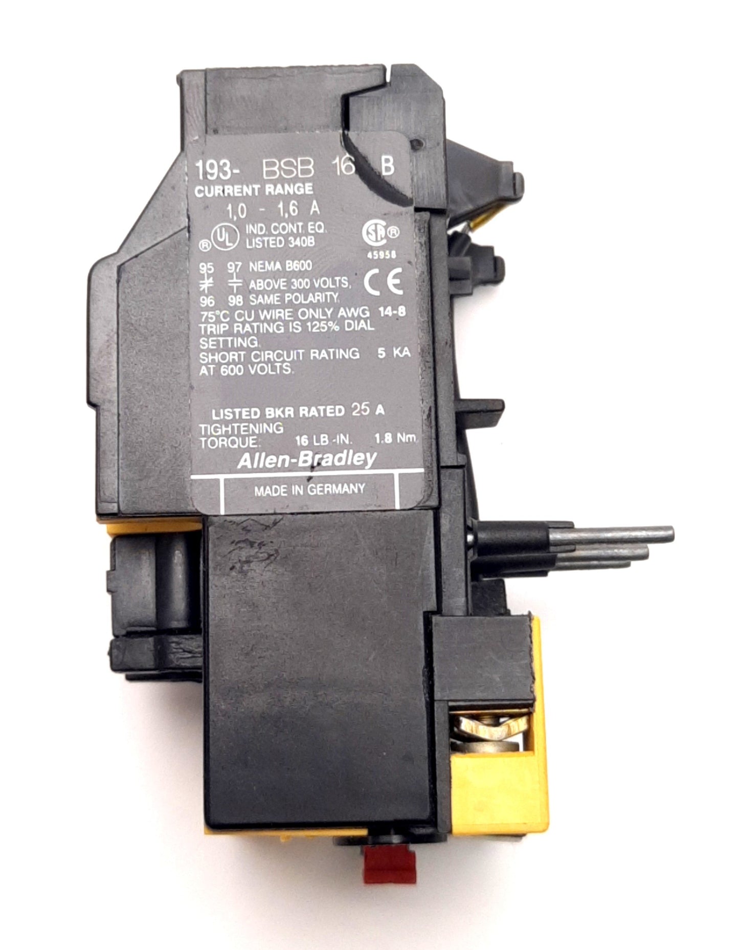 Used Allen-Bradley 193-BSB 16 B Overload Relay, 1-1.6Amp Range, 600V, 6A Max