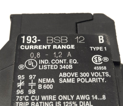 Used Allen-Bradley 193-BSB 12 B Overload Relay, 0.8-1.2 Amp Range, 600V, 4A Max
