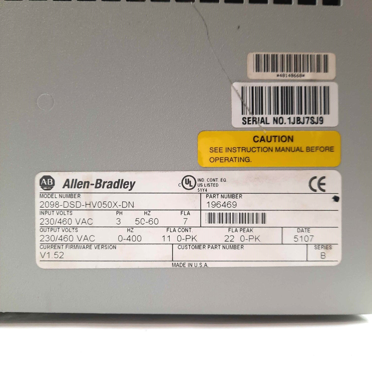 Used Allen Bradley 2098-DSD-HV050X-DN V1.52 Ultra 3000i Servo Drive 11A 3Ø 240/480V