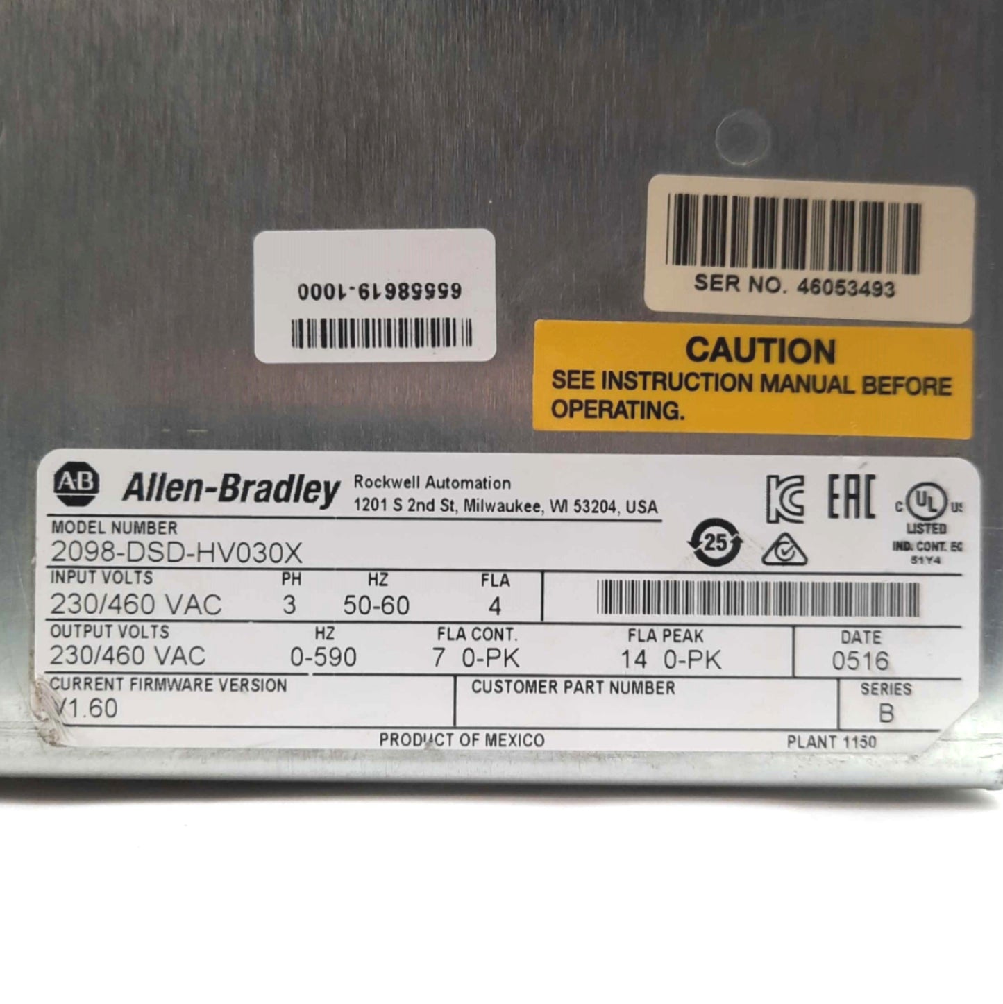 Used Allen Bradley 2098-DSD-HV030X V1.6 Ultra 3000i Servo Drive 7A 3Ø 240/480V