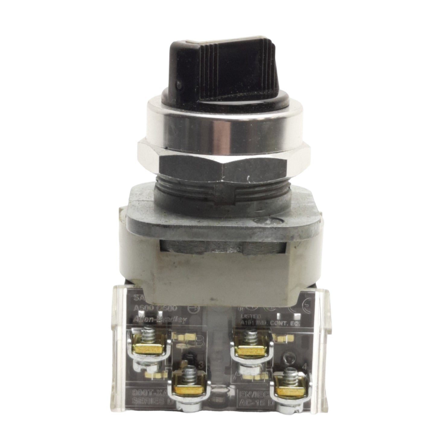 Used Allen Bradley 800T-J2 Selector Switch, 3-Position Maint., 30mm, 1NO & 1NC