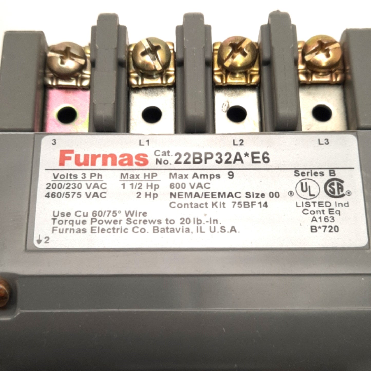 Used Siemens 22BP32A*E6 Furnas Reversing Motor Starter, 120v Coil, 600V 9A, & 75BF14