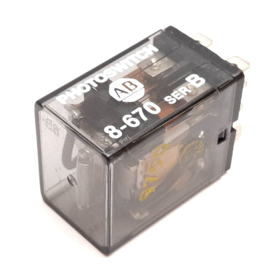 Used Allen Bradley 8-670 Photoswitch Relay, DPDT, Coil: 24VDC, Contact: 240VAC 10A