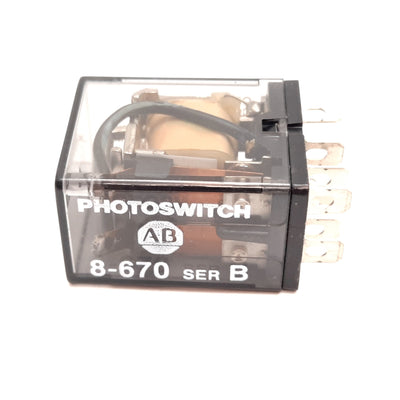 Used Allen Bradley 8-670 Photoswitch Relay, DPDT, Coil: 24VDC, Contact: 240VAC 10A