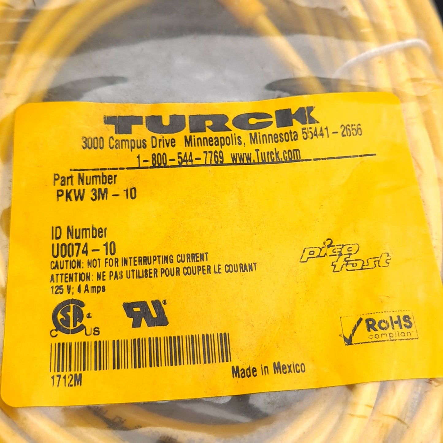 New Turck PKW 3M-10 Sensor Cordset, Right Angle 3-Pin M8 Female Picofast, 10ft Long