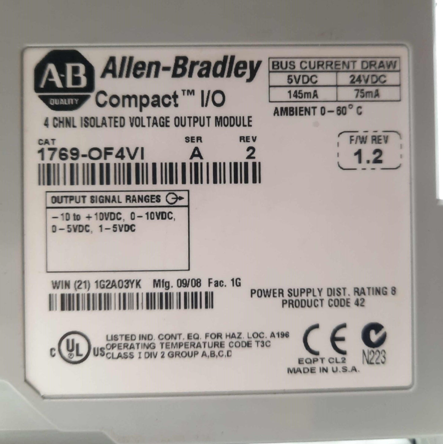 Used Allen Bradley 1762-OF4VI Ser A Rev 2 Isolated Analog Output Module, 4pt, ±10VDC