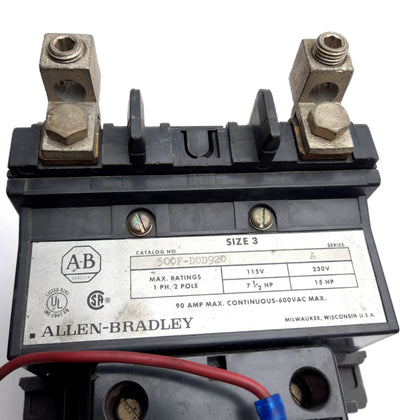 Used Allen Bradley 500F-DOD920 Motor Starter, 2-Pole, Coil: 110/120VAC, 15HP