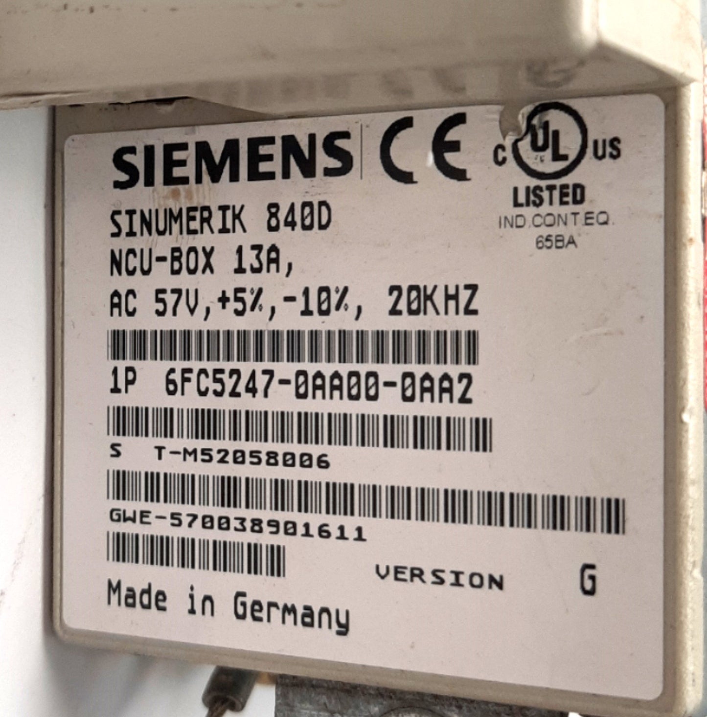 Used Siemens 6FC5247-0AA00-0AA2 Sinumerik 840D NCU Box 13A, 57v AC +5% -10%, 20KHZ