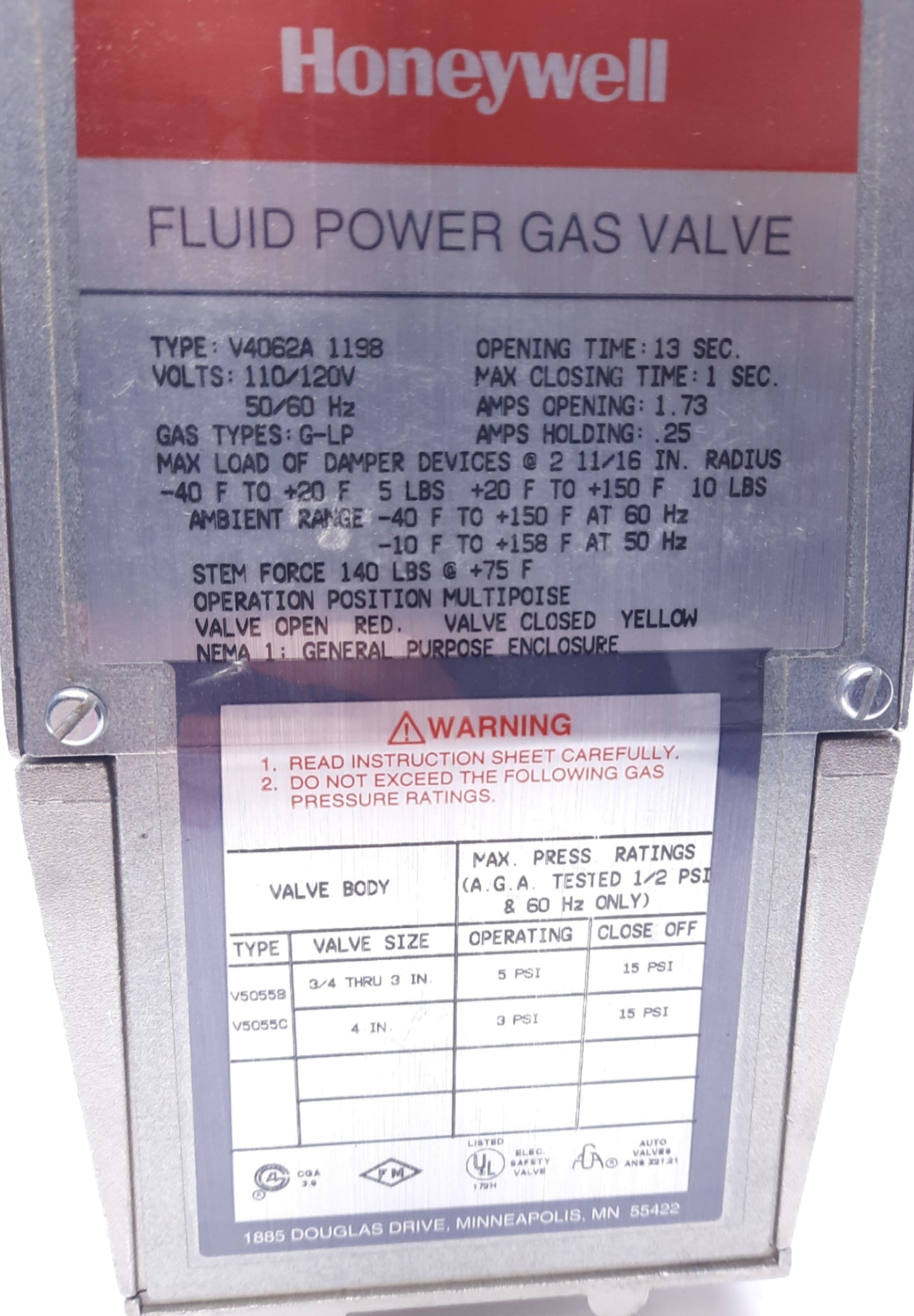 Used Honeywell V4062A 1198 Fluid Power G-LP Gas Valve ON-OFF Control Actuator 120VAC