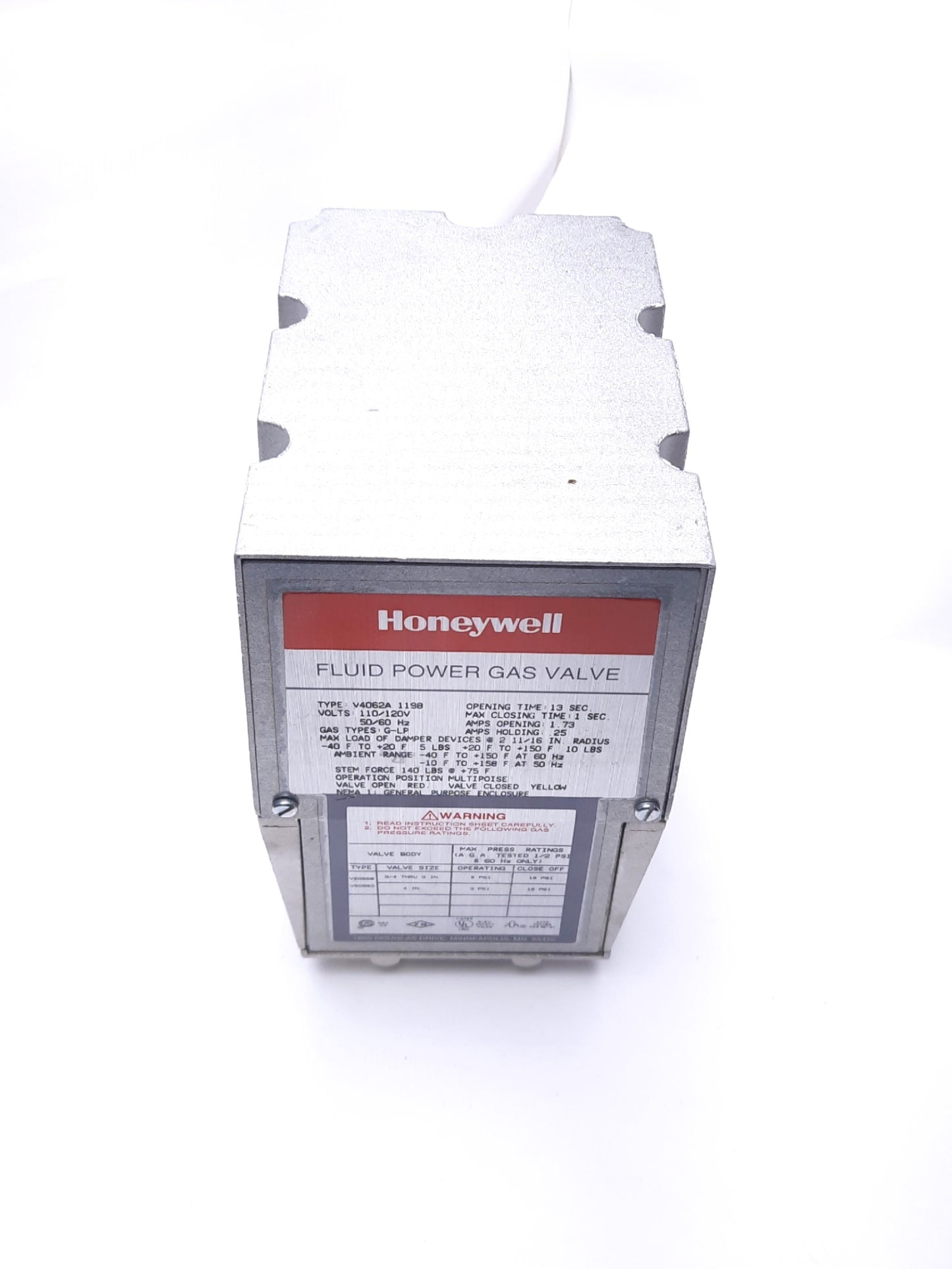 Used Honeywell V4062A 1198 Fluid Power G-LP Gas Valve ON-OFF Control Actuator 120VAC