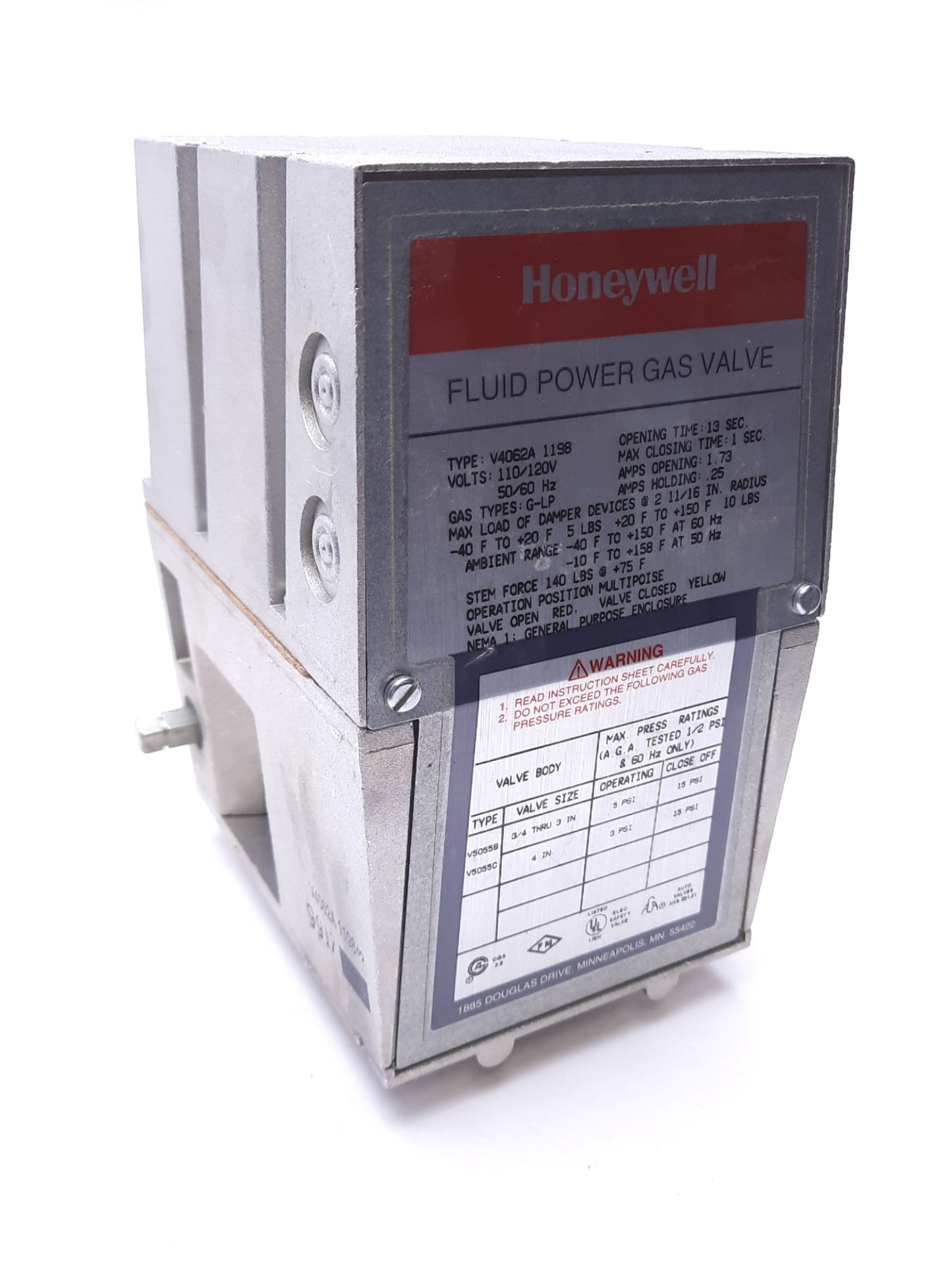 Used Honeywell V4062A 1198 Fluid Power G-LP Gas Valve ON-OFF Control Actuator 120VAC