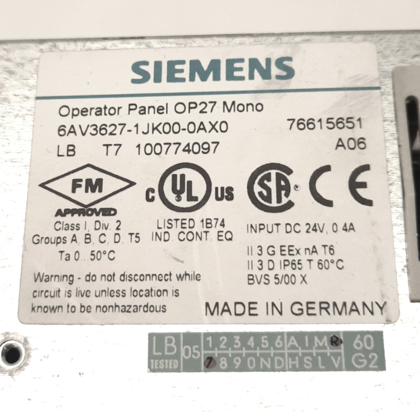 Used Siemens 6AV3627-1JK00-0AX0 Simatic OP27 Monochrome Operator Panel 24VDC 0.4A