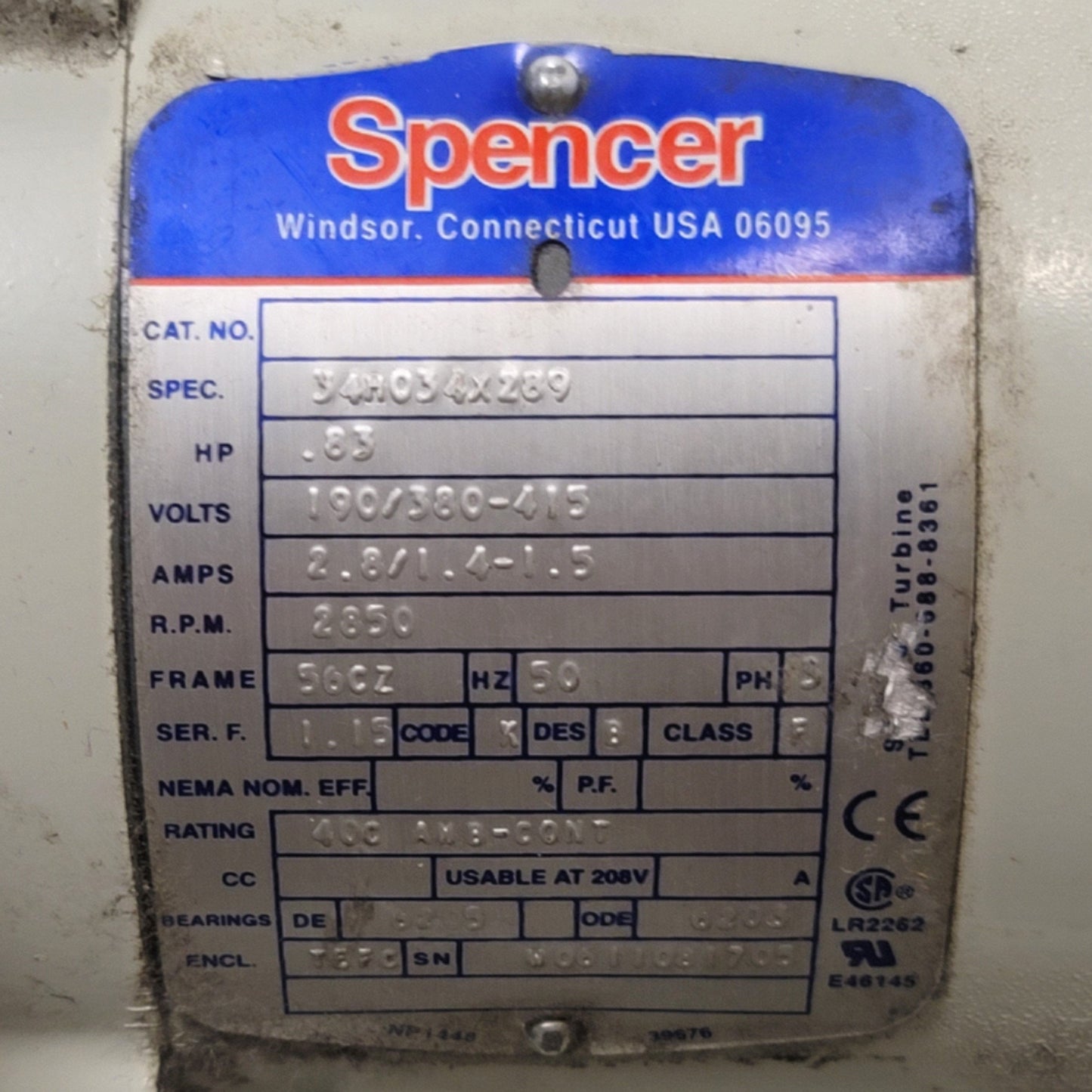 Used Spencer Turbine VB-007B-010 Vortex Regenerative Blower 107CFM, 200-230/460VAC