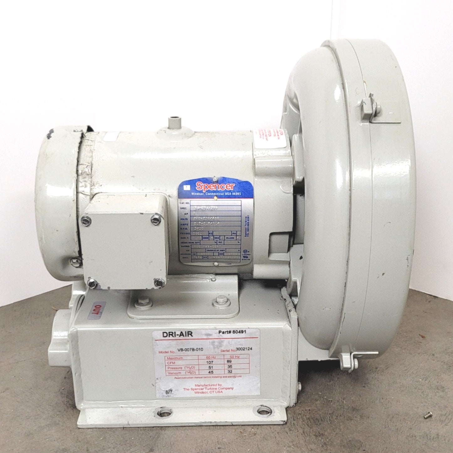 Used Spencer Turbine VB-007B-010 Vortex Regenerative Blower 107CFM, 200-230/460VAC
