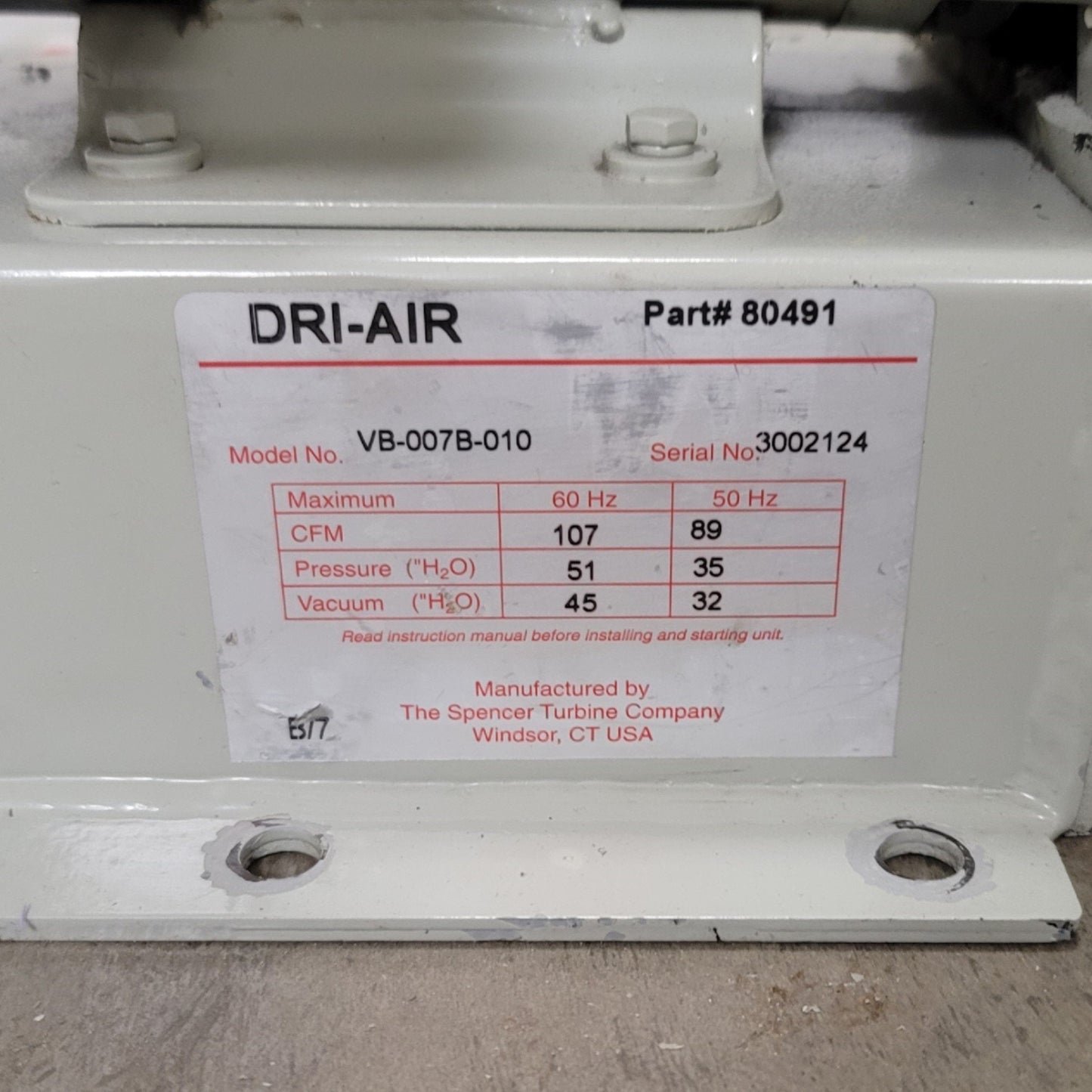 Used Spencer Turbine VB-007B-010 Vortex Regenerative Blower 107CFM, 200-230/460VAC
