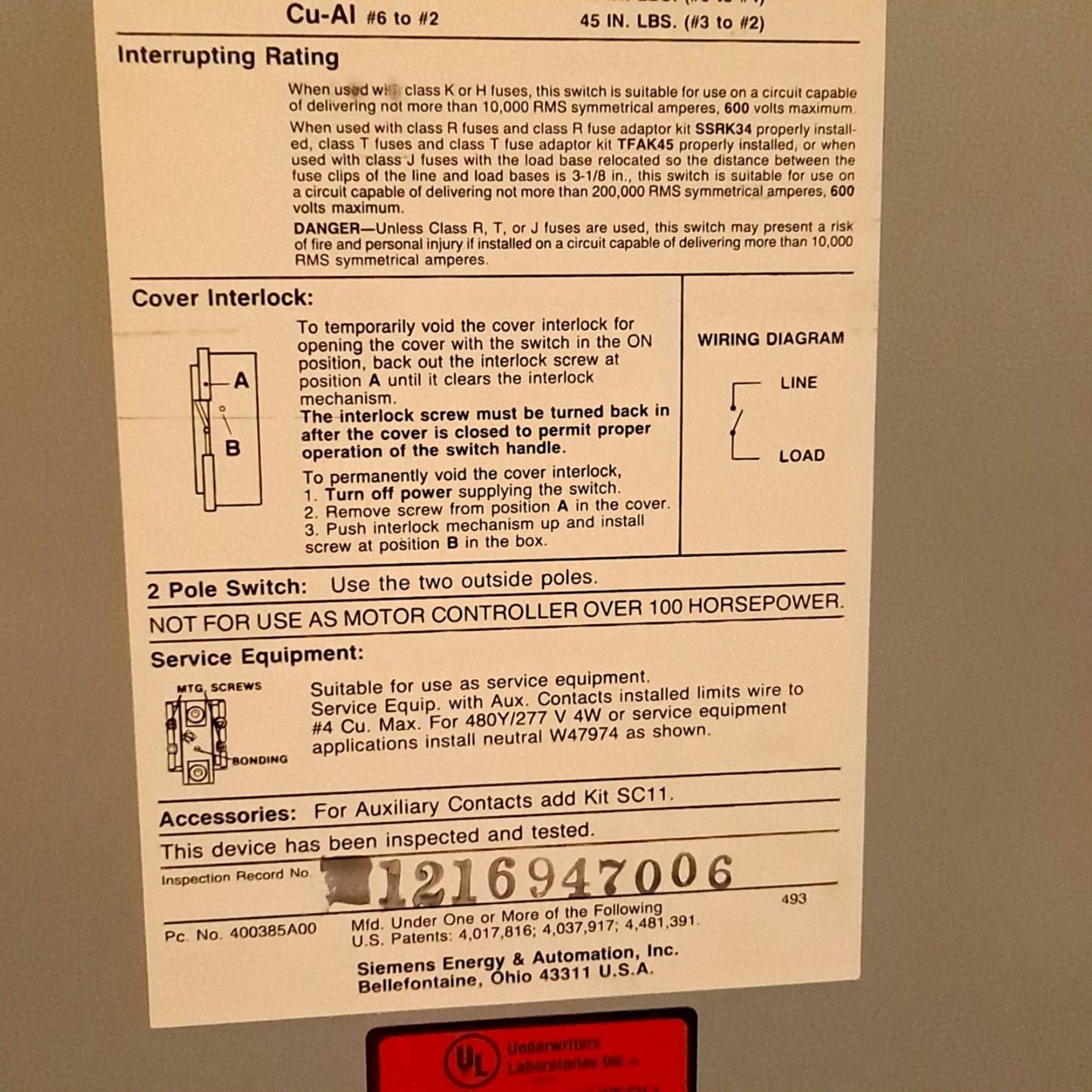 Used SIEMENS F-354 Heavy Duty Enclosed Switch 600VAC 250VDC 3-Pole 3 Phase 9" Wide
