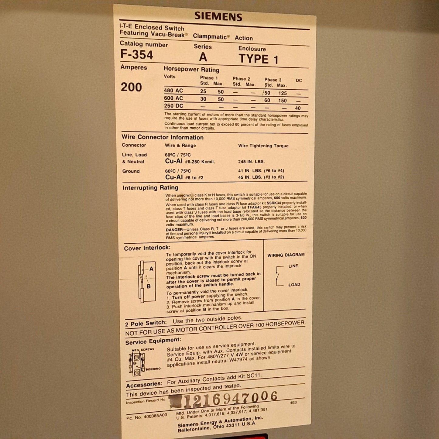 Used SIEMENS F-354 Heavy Duty Enclosed Switch 600VAC 250VDC 3-Pole 3 Phase 9" Wide