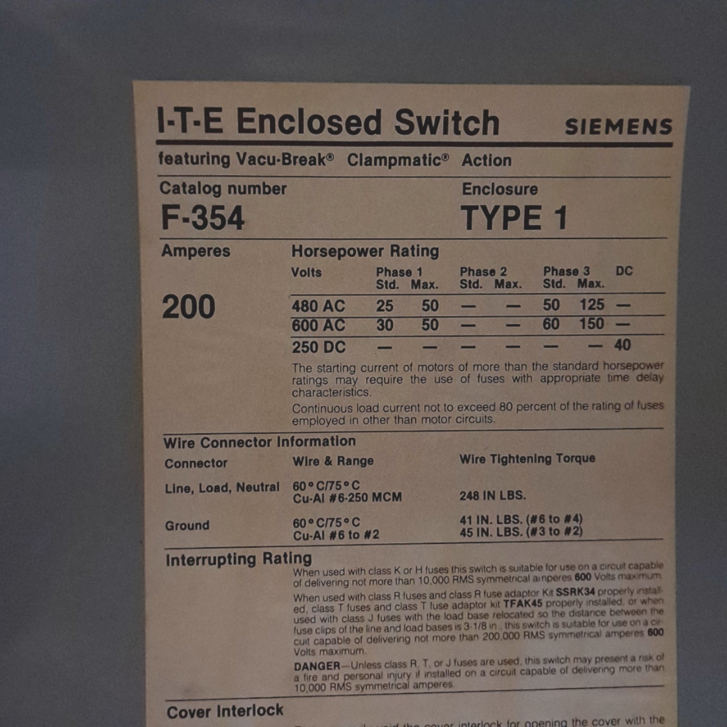 Used SIEMENS F-354 Heavy Duty Enclosed Switch, 600VAC 250VDC, 3-Pole 3-Phase, 9" Wide