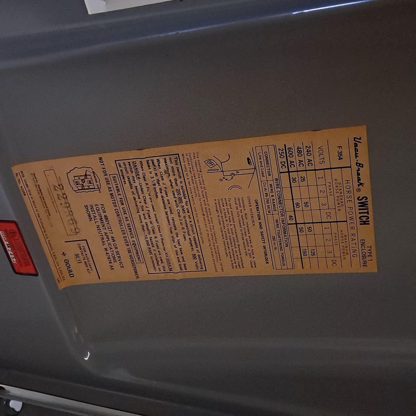 Used Gould Shawmut F-354 Heavy Duty Enclosed Switch 600VAC 250VDC 3-Pole 3 Phase 9"