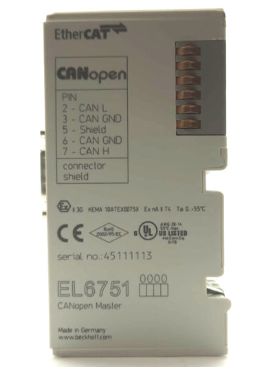 Used Beckhoff EL6751 EtherCAT CANopen Master Terminal, 9-Pin D-Sub Male