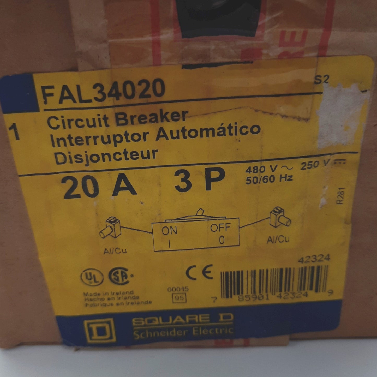 New Square D FAL34020 Circuit Breaker Interruptor 3 Pole, 20 A, 480v AC, 250v DC