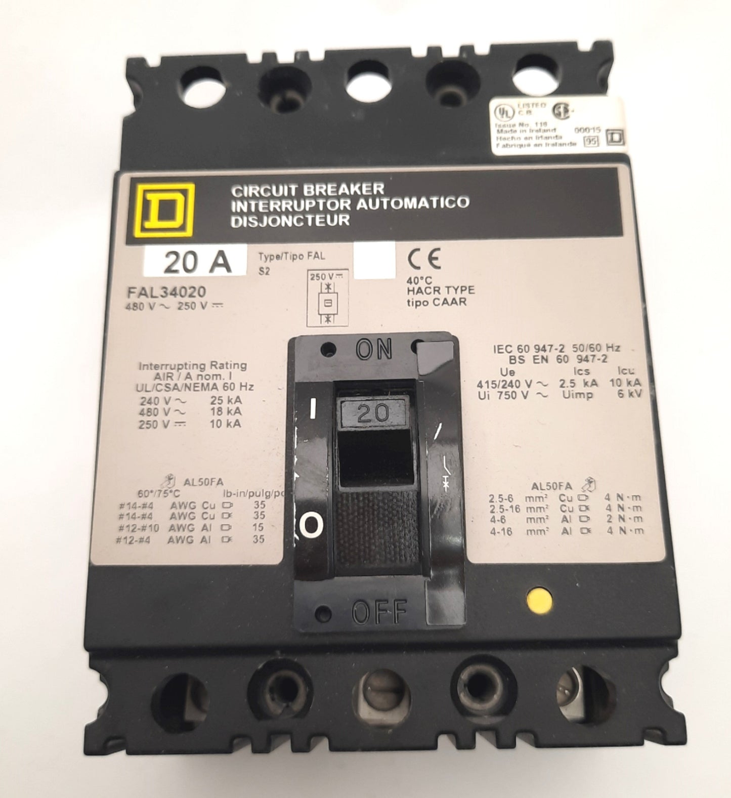 New Square D FAL34020 Circuit Breaker Interruptor 3 Pole, 20 A, 480v AC, 250v DC