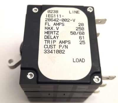 Used Airpax IEG111-28642-002-V Sensata Circuit Breaker, 250V AC 20A, 2 Poles, 2kA