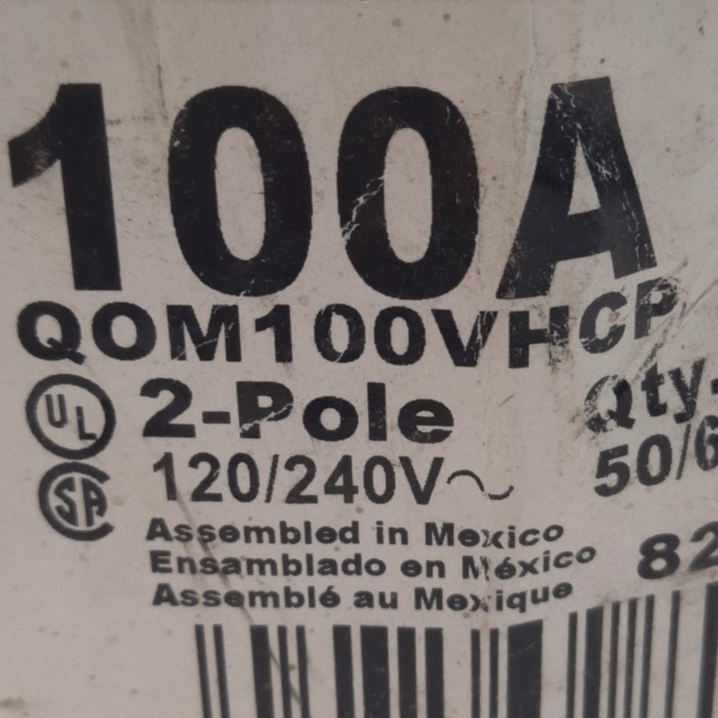 Used Square D QOM10VHCP Main Circuit Breaker 100A, 2Pole, 120/240v AC, Bolt-On Mount