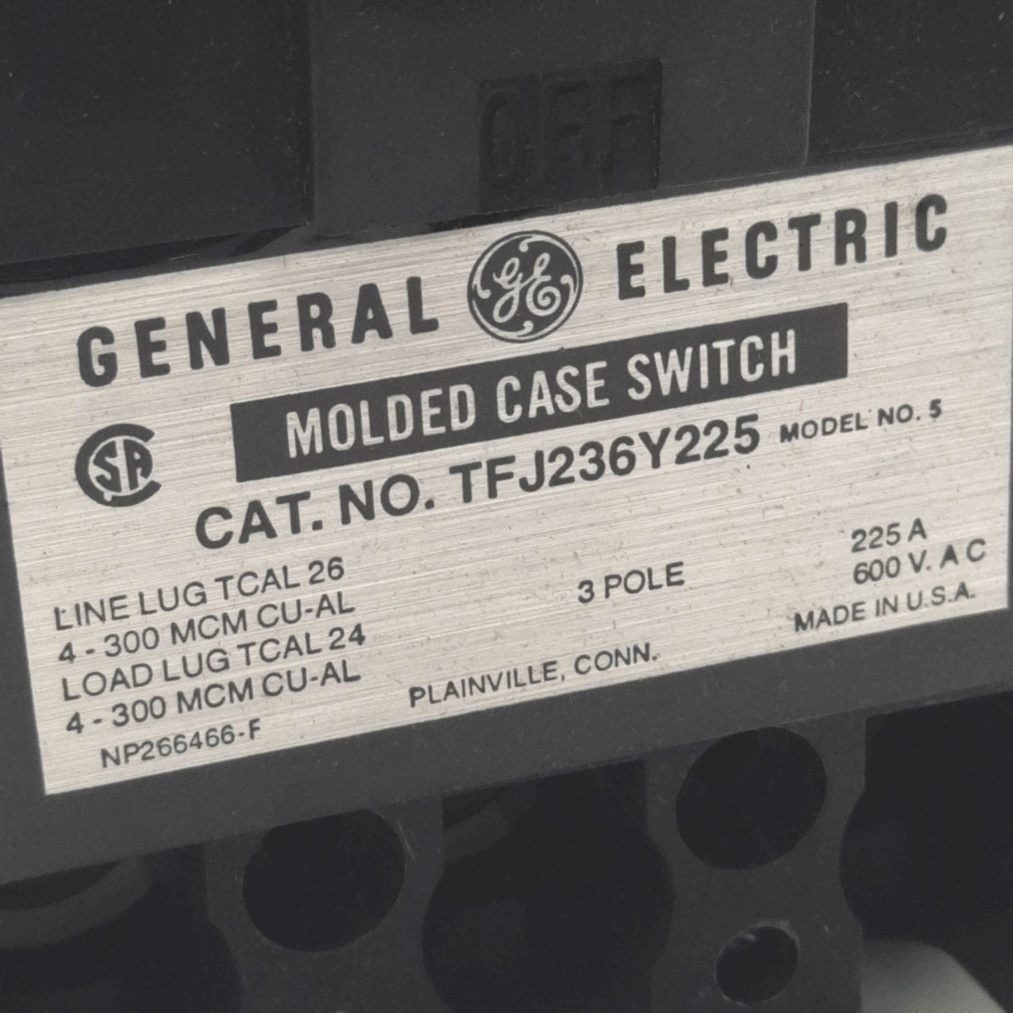 Used General Electric TFJ236Y225 Circuit Breaker 3-Pole, 225A, 600v AC, 22kA@480v AC
