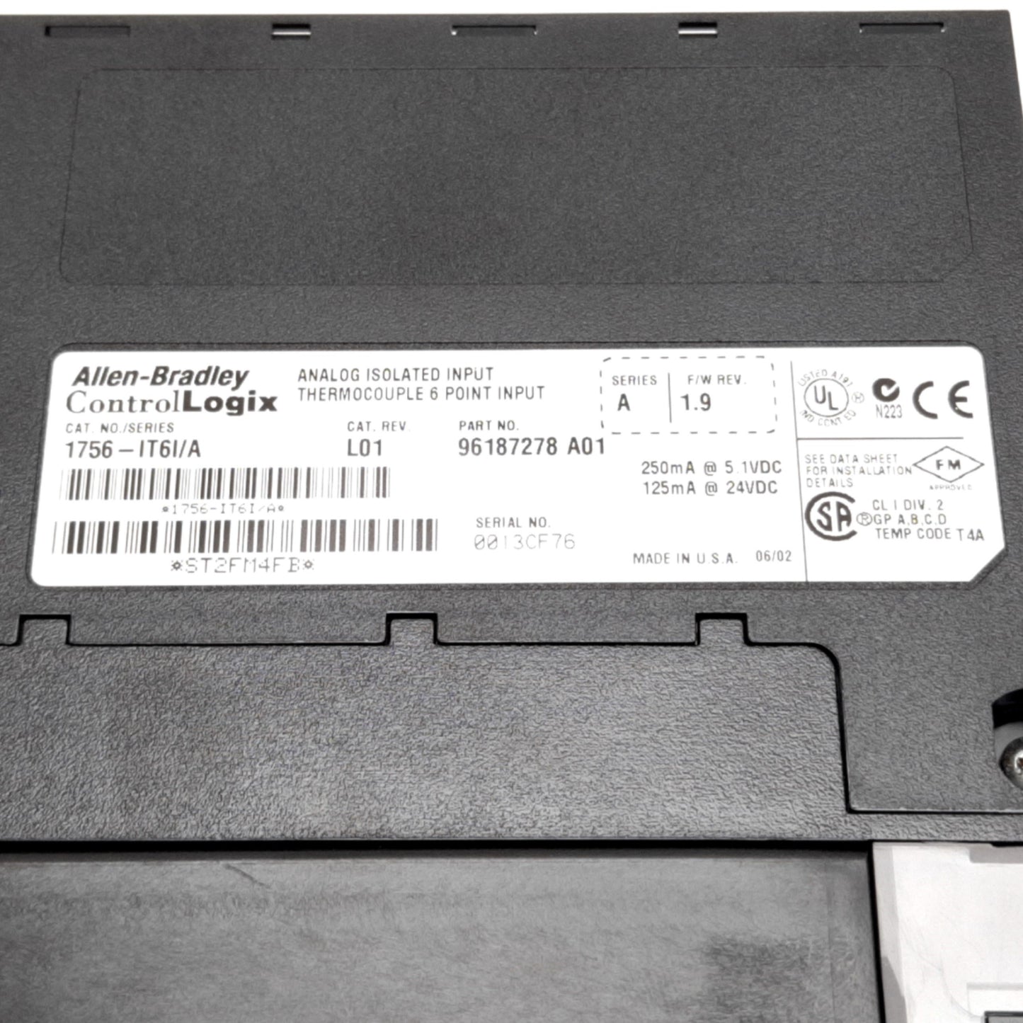 Used Allen Bradley 1756-IT6I/A L01 ControlLogix Thermocouple Analog Input Module