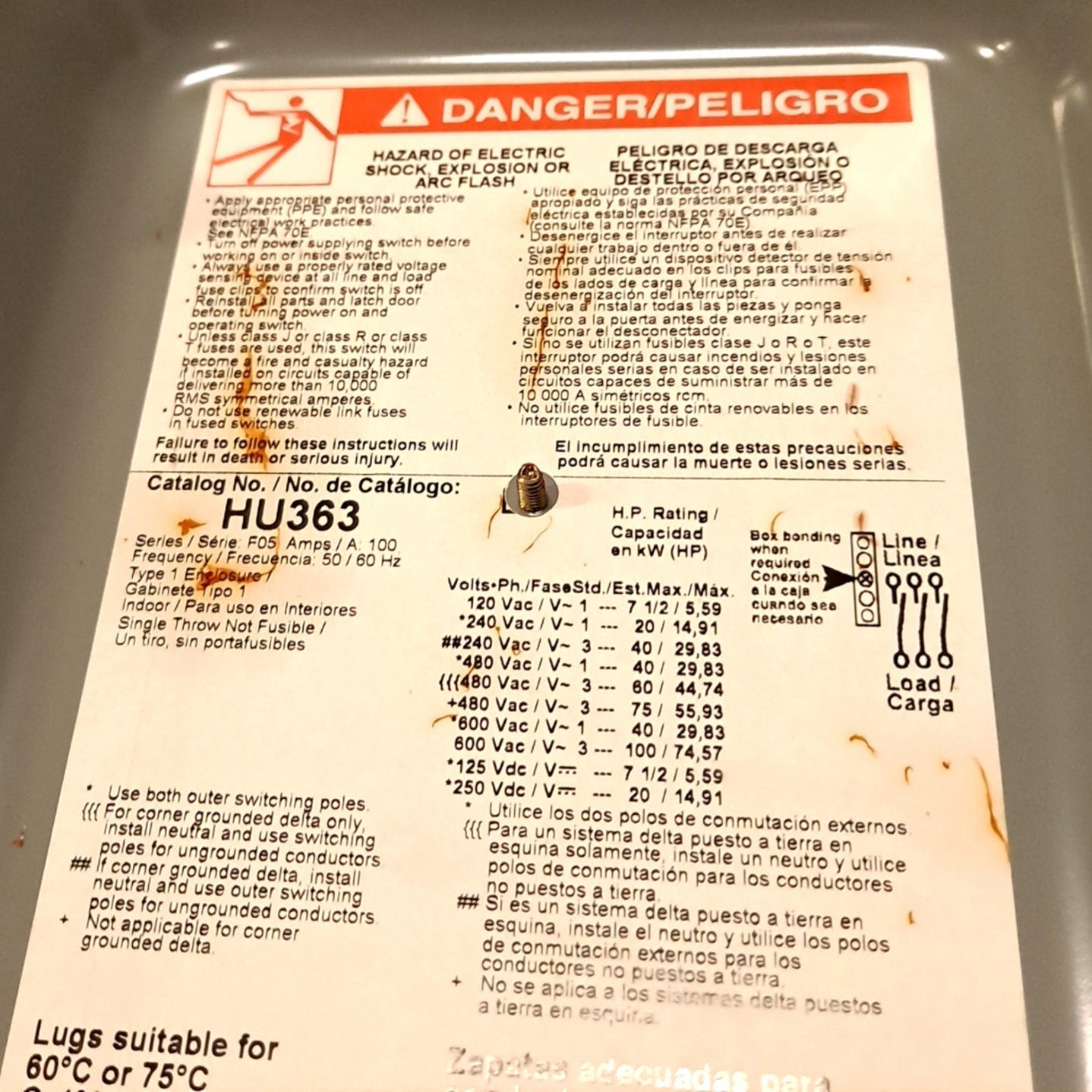 New Square D HU363 Safety switch W/ Enclosure,100A, 3 poles, 100hp, 600VAC/DC