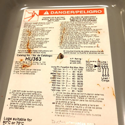 New Square D HU363 Safety switch W/ Enclosure,100A, 3 poles, 100hp, 600VAC/DC