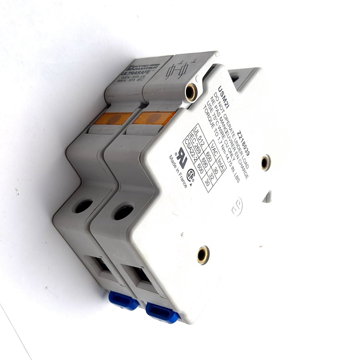 Used Ferraz Shawmut USM21 Fuse Holders, Terminal Rating 600V 30A, 2 Pole, Z18039