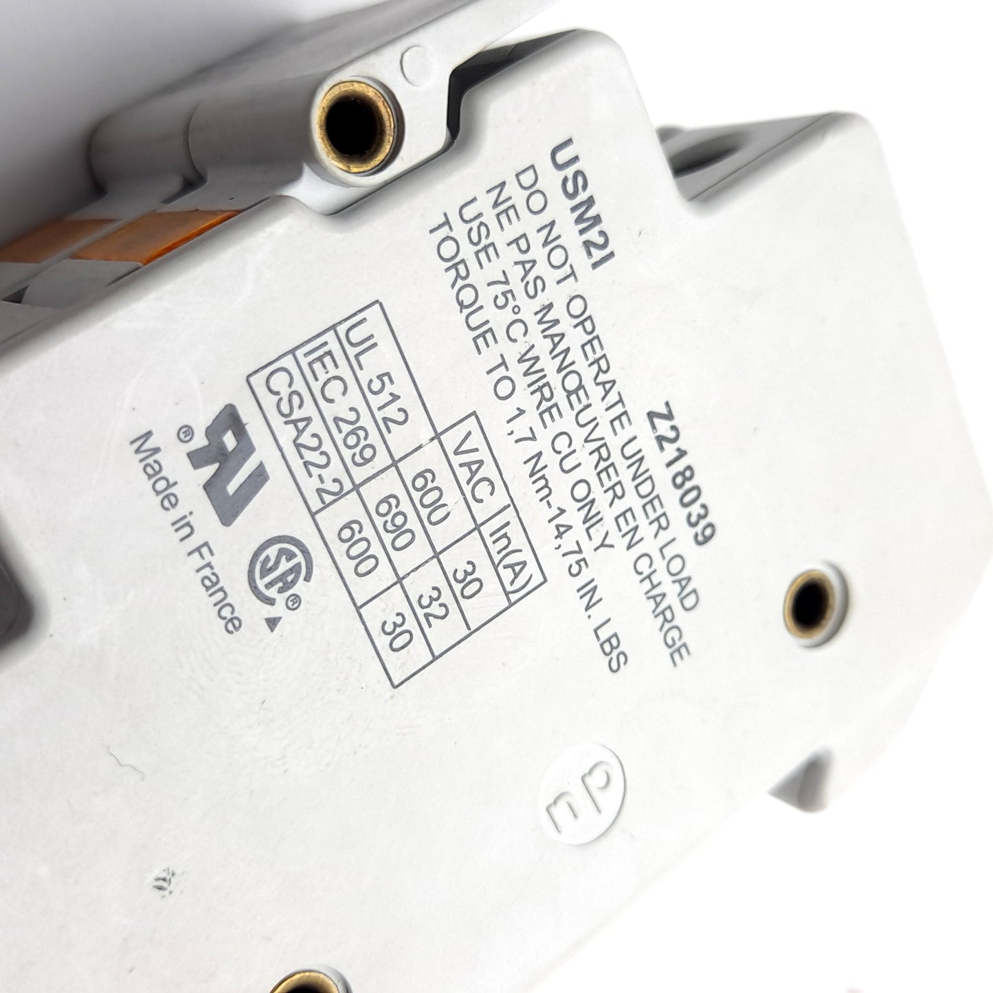 Used Ferraz Shawmut USM21 Fuse Holders, Terminal Rating 600V 30A, 2 Pole, Z18039