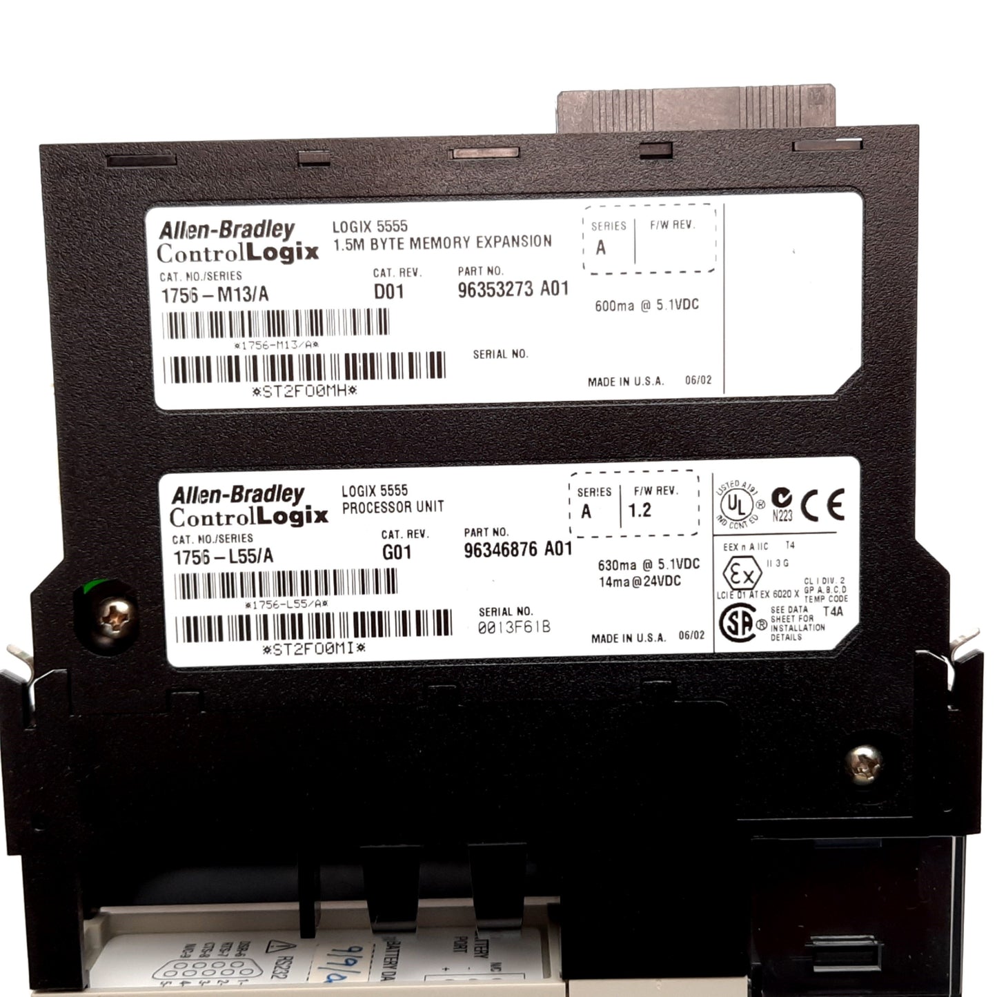 Used Allen Bradley 1756-L55/A Control Logix PLC Processor, w/ 1756-M13 1.5MB Memory