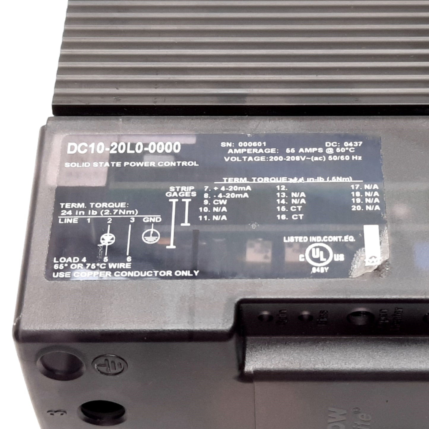 Used Watlow DC10-20L0-0000 DIN-a-mite Solid State Power Control, 200-208VAC, 55A