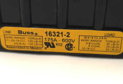 Used Cooper Bussman 16321-2 Power Distribution Block 2-Pole, 600 Volts, 175 Amps