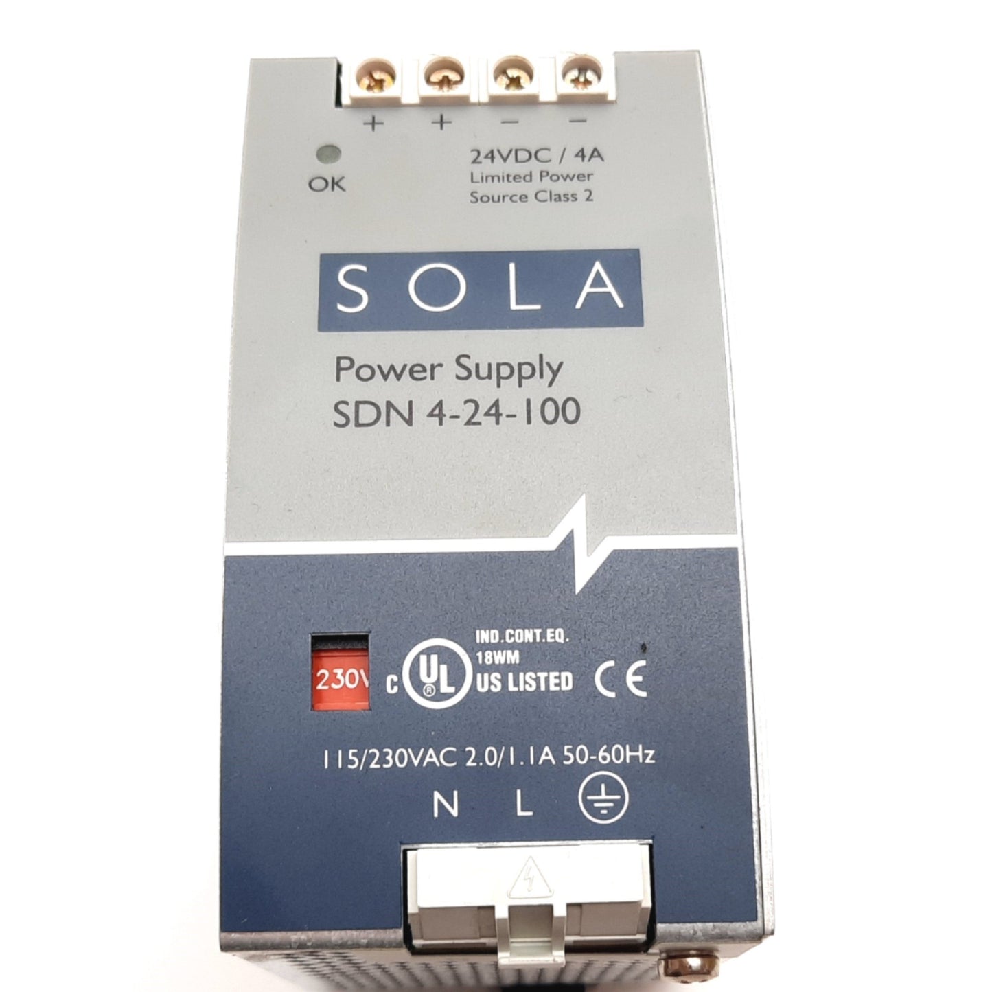 Used Sola SDN 4-24-100 Power Supply, Input: 115/230VAC 2/1.1A, Output: 24VDC 4A