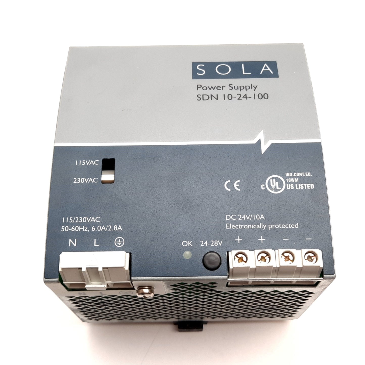 Used Sola SDN 10-24-100 Power Supply, Input: 115/230VAC 6/2.8A, Output: 24VDC 10A
