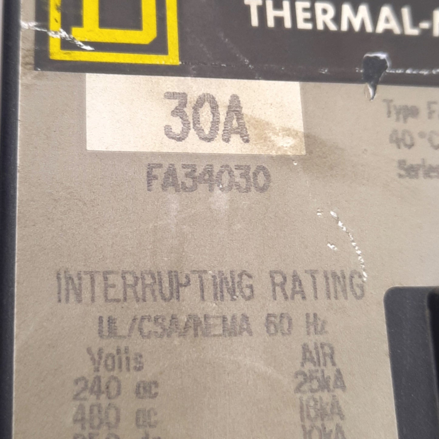 Used Schneider Electric FAL34030 Square D Circuit Breaker 30A,480v AC/250v DC, 3 Pole