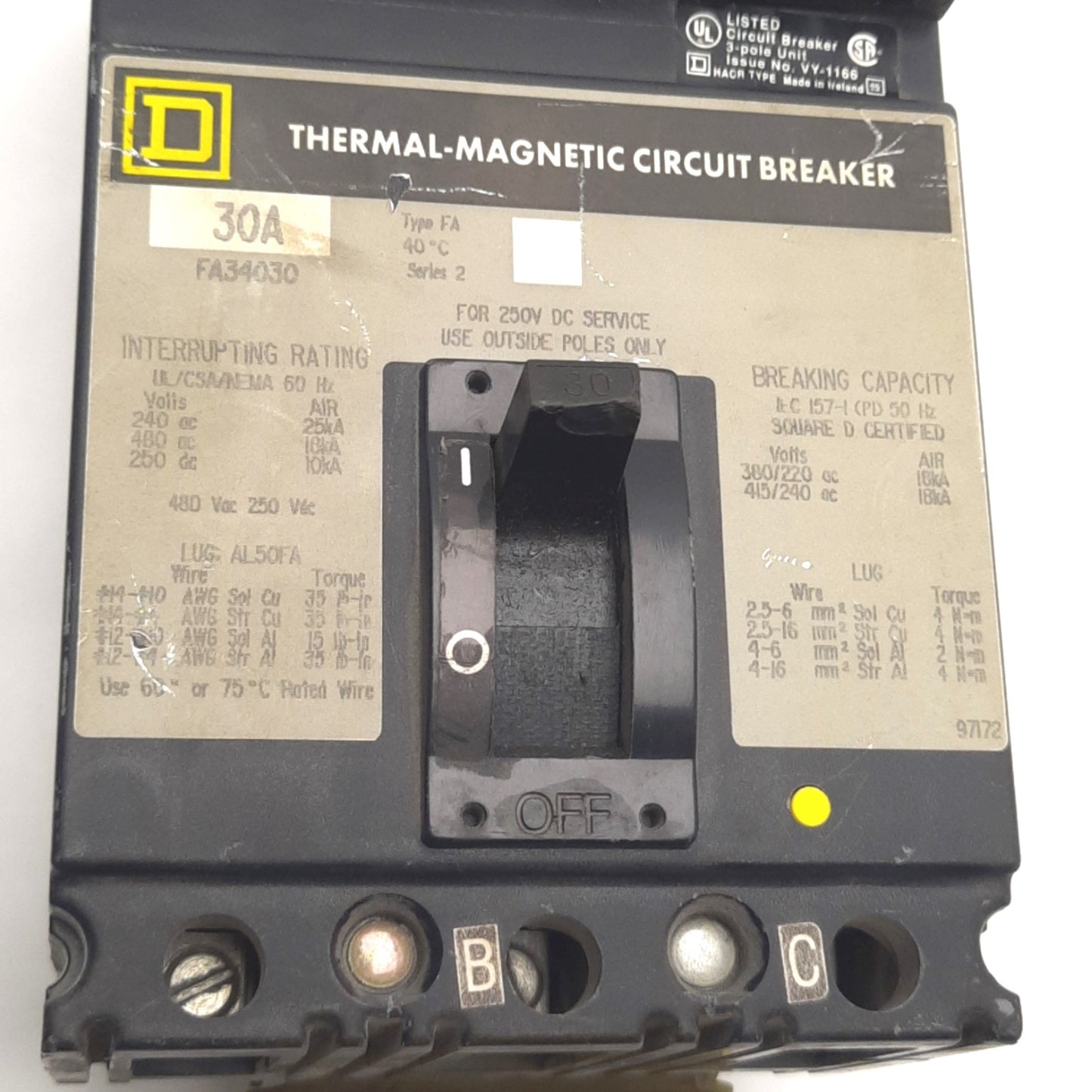 Used Schneider Electric FAL34030 Square D Circuit Breaker 30A,480v AC/250v DC, 3 Pole
