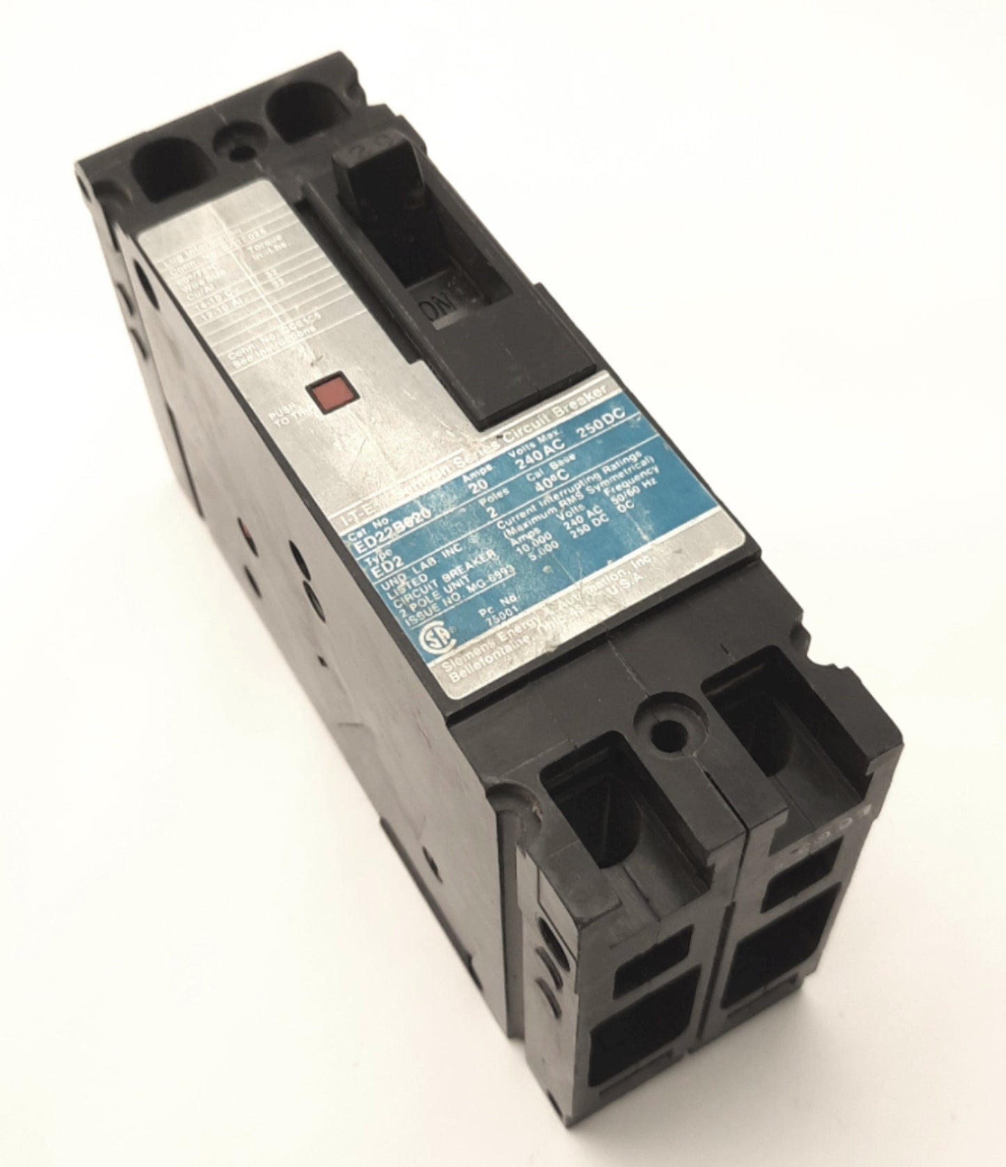 Used Siemens ED22B020 Sentron Circuit Breaker 240v AC/250v DC 20A, 2 Poles, 5-10kA