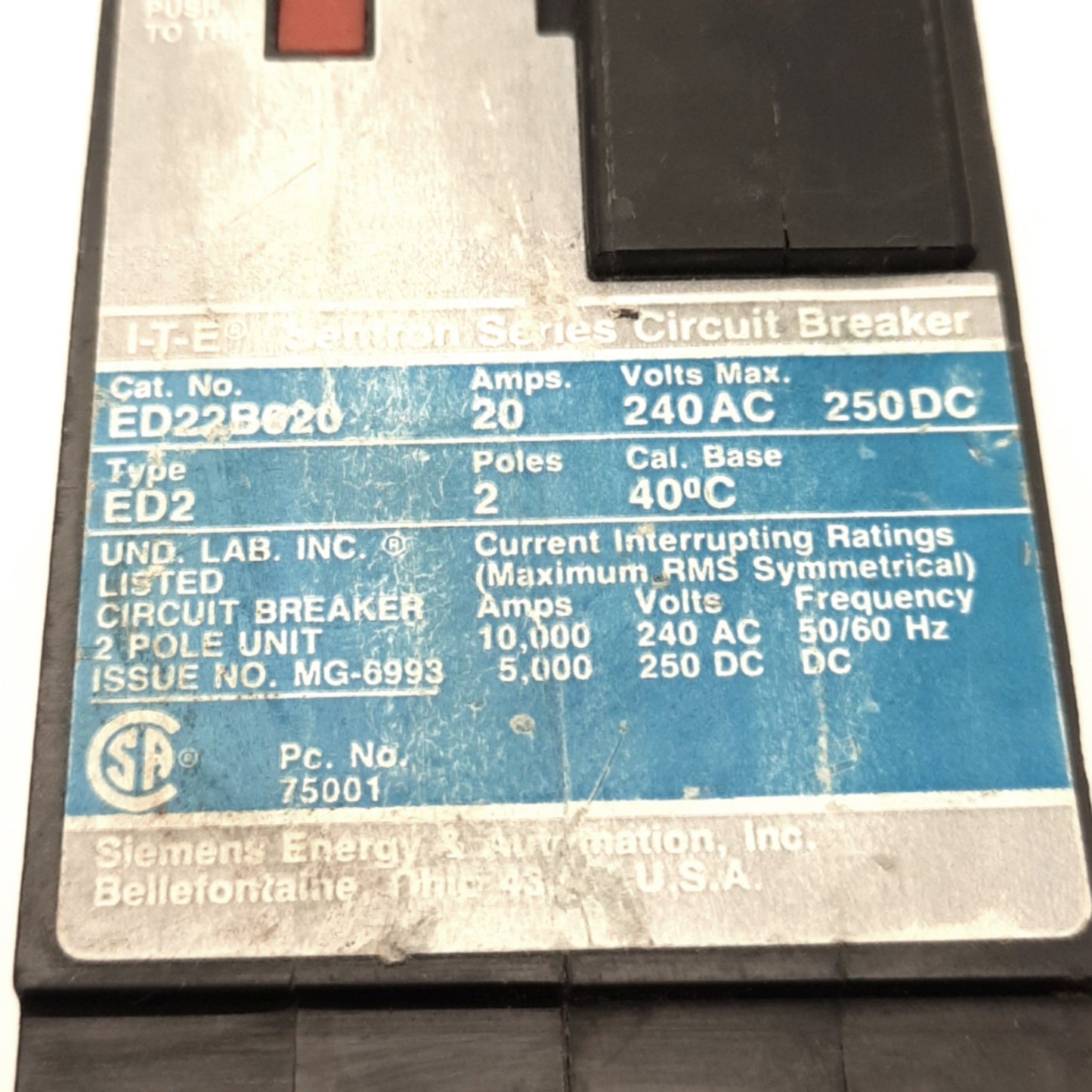 Used Siemens ED22B020 Sentron Circuit Breaker 240v AC/250v DC 20A, 2 Poles, 5-10kA