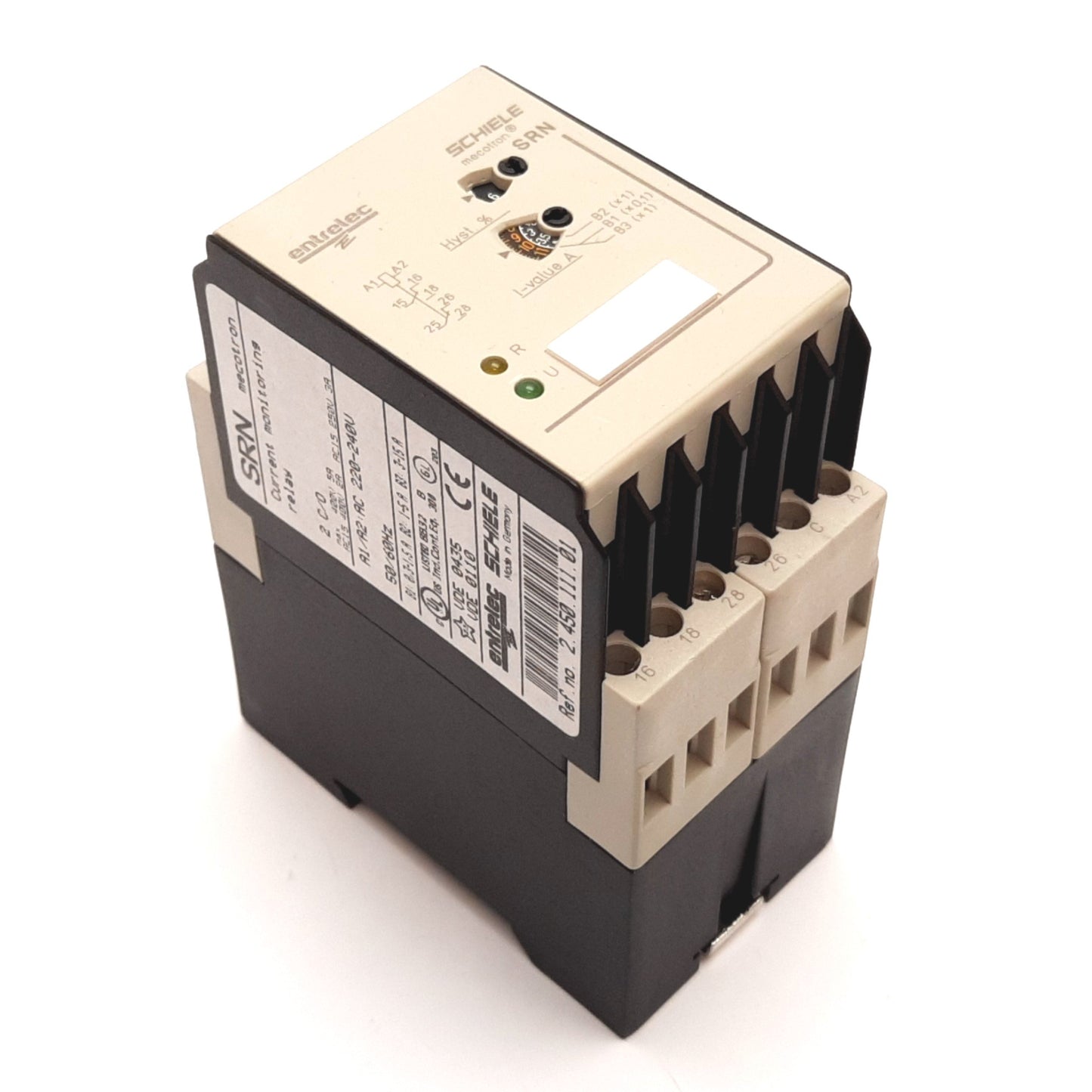 Used Entrelec SRN mecotron Current Monitoring Relay, Coil 220-240VAC, 2 SPDT Contacts