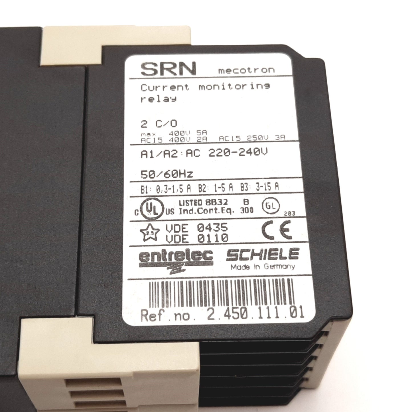 Used Entrelec SRN mecotron Current Monitoring Relay, Coil 220-240VAC, 2 SPDT Contacts